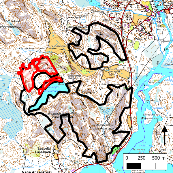 Kartassa mustalla luontojärjestöjen suojeluesityksen rajaus (2009) ja punaisella Stora Enson avohakkuuleimikot.